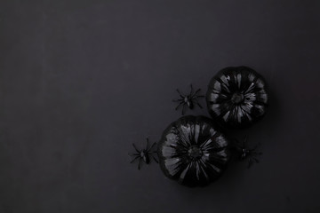 Black halloween pumpkins with spiders. Happy halloween overhead background