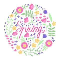 Spring lettering design with hand drawn doodle flowers and leaves. Vector illustration for t-shirts, posters, banners and wall art.