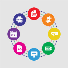 8 colorful round icons set included java, html, coding, password, seo, search, exchange, css