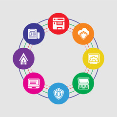 8 colorful round icons set included newspaper, smart home, code listing, bug report, laptop, programming, secu network, compiler