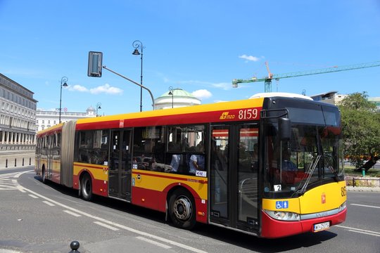 WARSAW, POLAND - JUNE 19, 2016: People ride Solaris Urbino city bus operated by MZA in Warsaw, Poland. MZA Warsaw operates a fleet of 1390 buses.