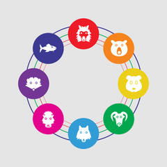 8 colorful round icons set included piranha, hedgehog, lion, wolf, male sheep, mouse, bear, lama