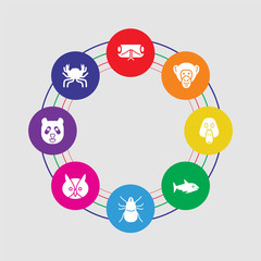 8 colorful round icons set included crab, panda bear, owl, mite, shark, duck, chimpanzee, snake