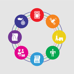 8 colorful round icons set included map and compass, union military strategy, military drum musical instrument, military strategy, robot machine, industrial building, satellite, notebook