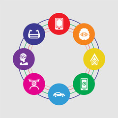 8 colorful round icons set included ar glasses, vr glasses, drone, car, smartphone, smart house, artificial intelligence, smartphone