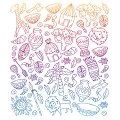 Vector african tribal pattern for banner and posters. Icons of animals and traditional elements for children fabric, clothes, textile. Travel and adventure