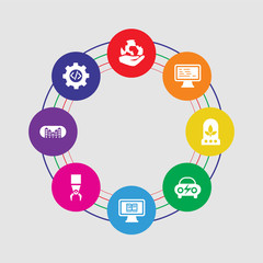 Naklejka premium 8 colorful round icons set included coding, cityscape, mechanical arm, online learning, electric car, incubator, coding, planet earth