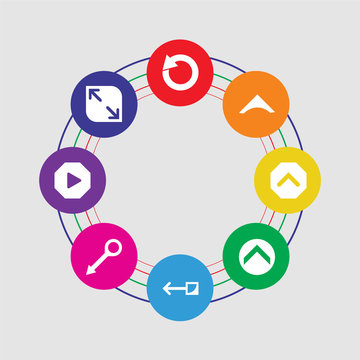 8 colorful round icons set included expand, right, drag, drag, up arrow, up arrow, up arrow, repeat