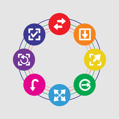 8 colorful round icons set included confirm, refresh, down arrow, expand, right arrow, diagonal arrow, down transfer