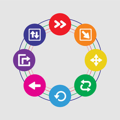 8 colorful round icons set included transfer, extract, left arrow, rotate, repeat, move, diagonal arrow, double arrow
