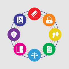 8 colorful round icons set included code of conduct, protection, right to access, balance, complaint, communications, padlock, eraser