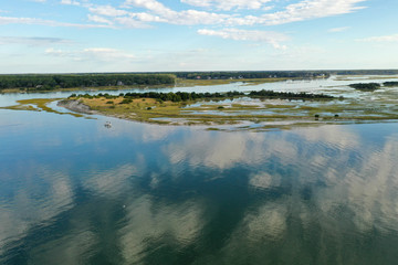 Aerial view of Oak Island marsh and sea shore. NC beach.