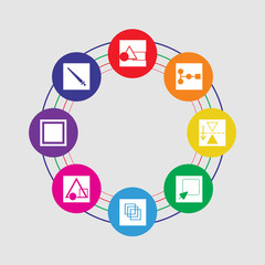 8 colorful round icons set included brush, square, shapes, scale, select, mirror horizontally,  , square