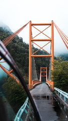 Orange bridge contrasting the green mountains
