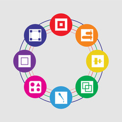 8 colorful round icons set included square, square, shapes, eyedropper, merge, vertical alignment, right alignment, square