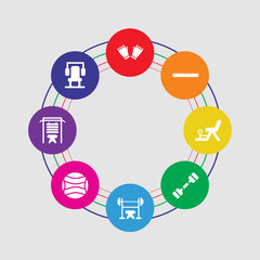 8 colorful round icons set included machine, machine, ball, dumbbell, dumbbell, machine, measuring tape, gym gloves