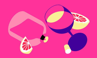 Glass of red wine, bottle in pop art style, drawing for a bar, menu. 3d illustration