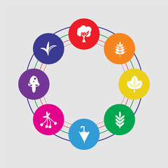 8 colorful round icons set included grass, mushroom, rowan, umbrella, leaf, leaf, rye, tree