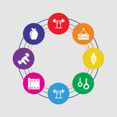 8 colorful round icons set included apple, dumbbell, yoga mat, dumbbell, rings, smartwatch, gym, dumbbell