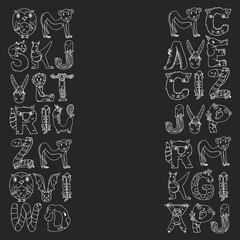 Animal alphabet. Zoo alphabet. Letters from A to Z. Cartoon cute animals. Elephant, dog, flamingo, giraffe, horse, alligator, bear, cat.