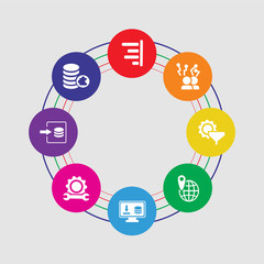 8 colorful round icons set included database, log in, support, landing page, geolocation, filter, diagram, strategy