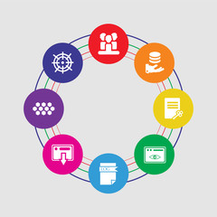 8 colorful round icons set included goals, hexagons, transaction, log file, page views, encryption, availability, users