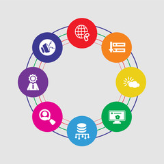 Obraz premium 8 colorful round icons set included noise, intelligence, search, database, cookies, cloud, backup, link