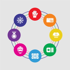 8 colorful round icons set included snowflake, medal, hockey helmet, ice court, ticket, clothes, cit card, glove