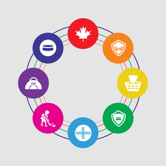 8 colorful round icons set included puck, sport bag, player, snowflake, emblem, stadium, emblem, maple leaf