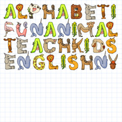 Animal alphabet. Zoo alphabet. Letters from A to Z. Cartoon cute animals. Elephant, dog, flamingo, giraffe, horse, alligator, bear, cat.