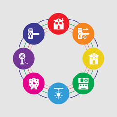 8 colorful round icons set included handle, fan, alarm, sensor, automation, home, handle, home