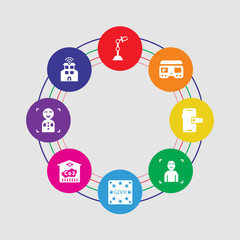 8 colorful round icons set included smart city, facial recognition, co2, gdpr, facial recognition, mobile phone, virtual reality, robotic arm
