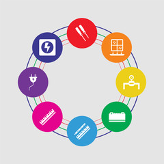 8 colorful round icons set included electricity, plug, ruler, drawing, battery, gas pipe, window, screwdriver