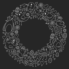 Pattern kids fabric, textile, nursery wallpaper. Vector illustration. Hand drawn singing birds and flowers for little children.