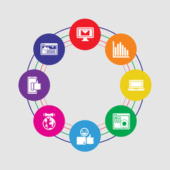 8 colorful round icons set included website, like, marketing, like, options, laptop, bar chart, marketing