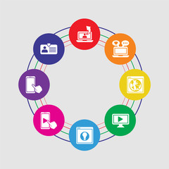 8 colorful round icons set included id card, smartphone, video player, idea, video player, browser, laptop, laptop