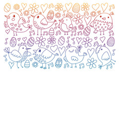 Pattern kids fabric, textile, nursery wallpaper. Vector illustration. Hand drawn singing birds and flowers for little children.