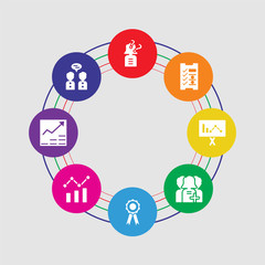 8 colorful round icons set included collaboration, growth, analysis, award, customer, presentation, planning, question