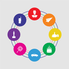 8 colorful round icons set included pointer, monument, target, car, king, thumb up, send, businessman