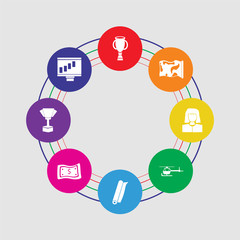 8 colorful round icons set included graphics, trophy, money, diploma, helicopter, businesswoman, map, trophy