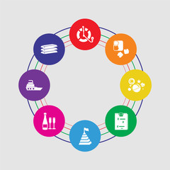 8 colorful round icons set included gold, yatch, champagne, pyramid, strategy, galaxy, puzzle, goal