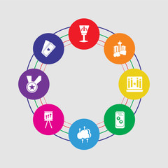 8 colorful round icons set included ticket, medal, rise, cloud computing, rating, laptop, skyscraper, trophy