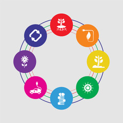 8 colorful round icons set included reload, flower, electric car, apple and books, sunlight, growing plant, eco energy, plant and root