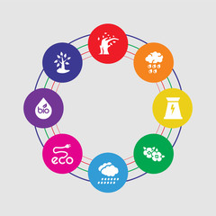 8 colorful round icons set included tree, bio fuel, eco plug, rain cloud, two flowers, power plant, raining, wind bending tree