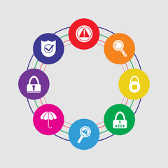 8 colorful round icons set included shield, lock, umbrella, problem, password, safe, find, warning
