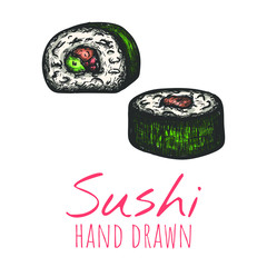Maki roll sushi hand drawn vector illustration, isolated sketch.