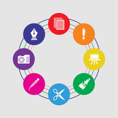 8 colorful round icons set included pen tool, photo camera, eyedropper, scissors, paint brush, art board, pen, paper