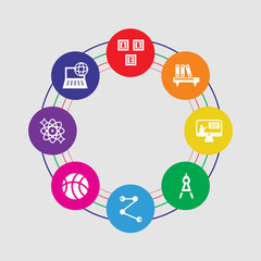 8 colorful round icons set included computer and network, atomic orbitals, basketball, molecular bond, draw with compass, educational video, bookshelf with books, creche