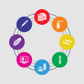 8 colorful round icons set included eyedropper, feather, computer screen, feather and ink, crayola, s curve, spray, paper