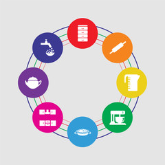 8 colorful round icons set included dishes, kettle, cabinet, paella, mixer, measuring cup, rolling pin, cabinet